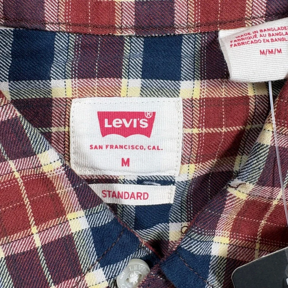 Levis Mens Western Standard Fit Plaid Shirt Burgundy Navy Pearl Snap Size Medium